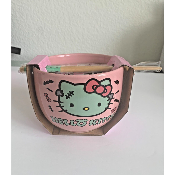 Hello Kitty Frankenstein Ramen Ceramic Bowl With Chopsticks Pink Green Halloween - Picture 1 of 5